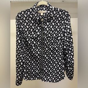 Michael Kors NWOT Large black and white floral zip up collared shirt